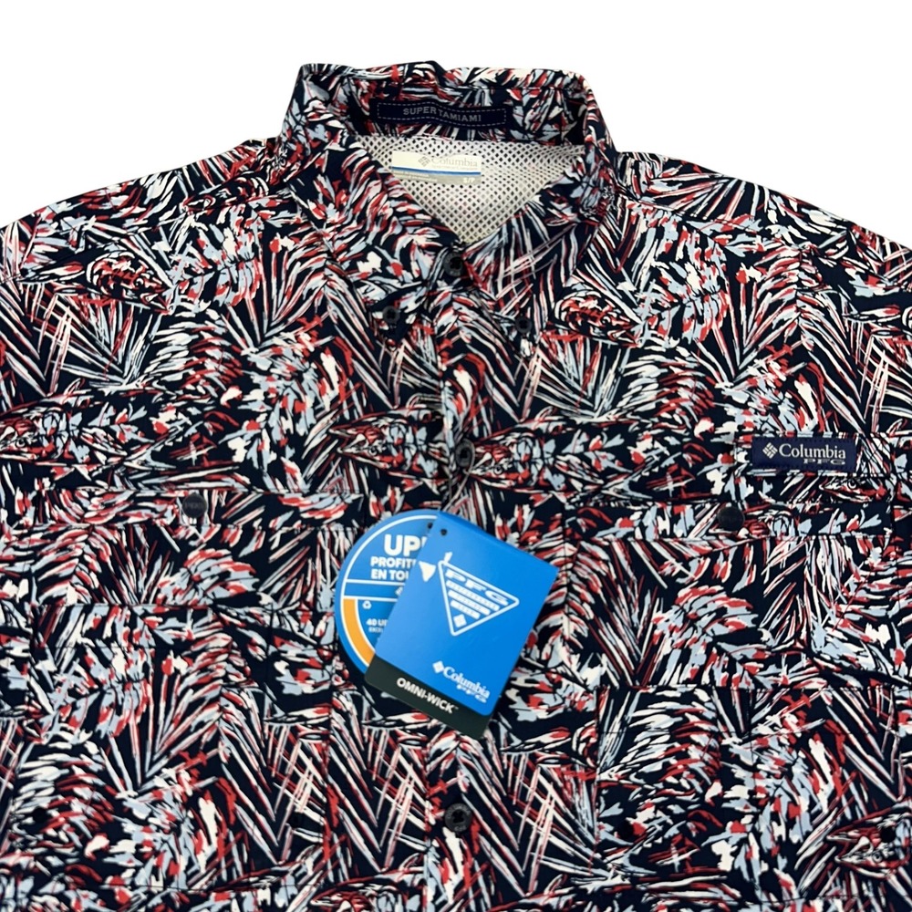 Columbia Super Tamiami Shirt Mens Small Blue Red Tropical PFG Fishing UPF 40